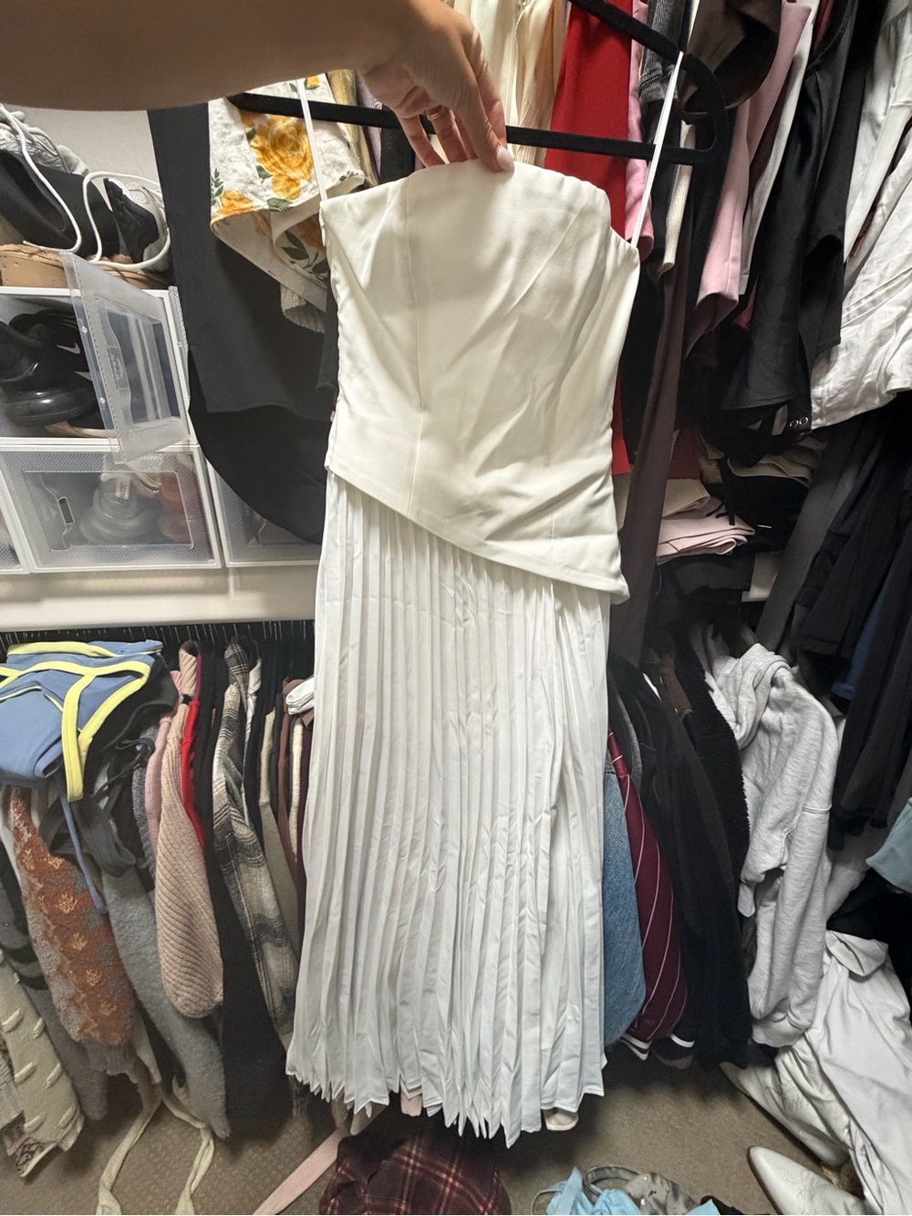 Commense White Strapless Pleated Midi Dress